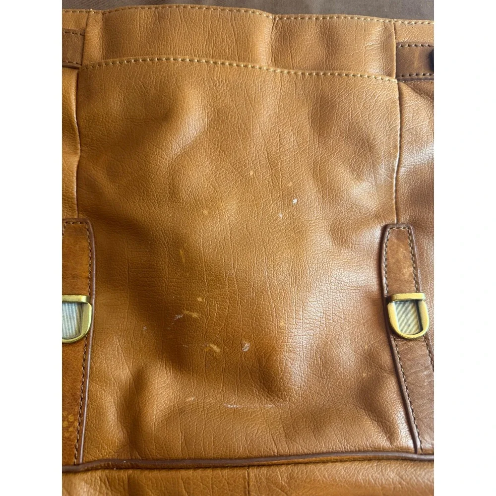 Fossil Tan Leather Messenger Bag Adjustable Crossbody Satchel Brass Hardware